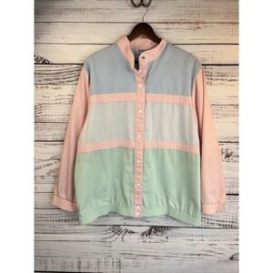 Vintage 1980s Pink‎ Windbreaker Jacket L Colorblock Pastel Sweet Twee Cotton